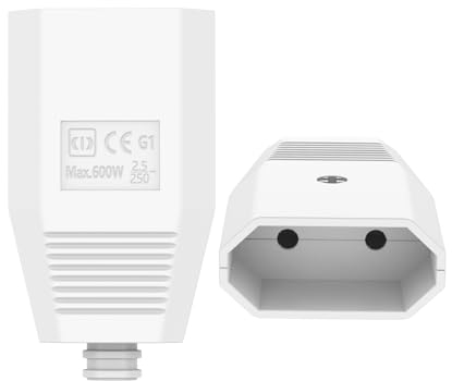 Oblinple 2 Piezas Acoplamiento Europeo Plano, Goma Clavija Enchufe Hembra 250V IP20 con Protección de Nudo, Enchufes Schuko Contacto Protector con Alivio de Tensión, Blanco
