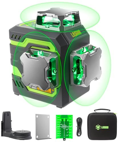 LasGoo LG-3DM Grüner Strahl-Laser-Nivelliergerät, selbstnivellierend, 3x360° Kreuzlinienlaser für Bau und Bildaufhängung, 5200mAh-Akku, Typ-C-Kabel, Magnetischer Drehständer inklusive
