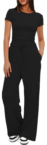 KOEMCY Completi Donna Estivi Casual Moda Set di Pantaloni Casa Jogging Yoga Elegante Tuta Completa Top Slim Fit e Lunghi Pantaloni con Tasche e Coulisse (Nero,M)