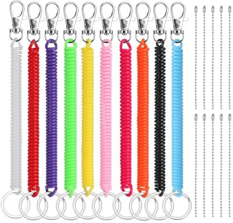 ZHXGO Lot de 10 porte-clés Coil Springs - Extensible - En plastique coloré - Avec 10 bandes de perles - Pendentif extensible avec câble en spirale - Cordon élastique, bleu, no