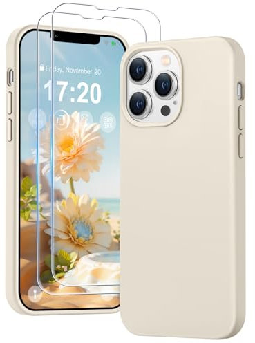 PuyaTeya 3 in 1 Hülle für iPhone 13 pro, mit 2 Stück 9H Panzerglas Premium Liquid Silikon Hülle, mit 4-Layer stoßfesteabriebfestes, Soft Mikrofaserfutter hülle für iPhone 13 pro(Beige)