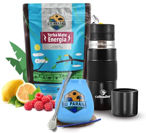Rio Parana Yerba Mate Accessories Set 500g | Rio Parana Energia 0,5kg | Traditional Argentine Yerba Mate Tea | Herbal Tea | Yerbomos | Thermos Flask | Ceramic Mate Gourd | Bombilla | Loose Leaf Tea