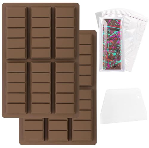 2 Stück Silikonform Schokolade, Schokoladen Form Abschnitte Schokoladenform mit 100 Transparente Tasche und 1 Schaber, Schokoladentafel Form Mulden Schokoladenform für DIY Backen Kekse