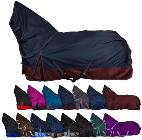 RL24 - Weidedecke Full Neck Basicline 600D Marine/Kastanie 145 cm 200g/m² | Nylonfutter mit Füllung – Pferde Winterdecke – wasserdichte Outdoordecke mit Kreuzbegurtung – Pferdedecke