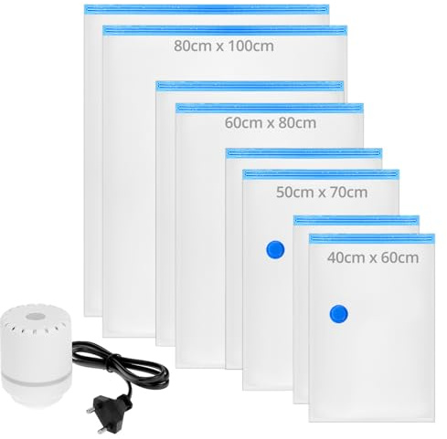 QWORK® 8er Pack Vakuumbeutel für Kleidung mit Elektrischer Luftpumpe, 80x100, 60x80, 50x70, 40x60 cm Vakuumierbeutel für Bettdecken und Kleidung