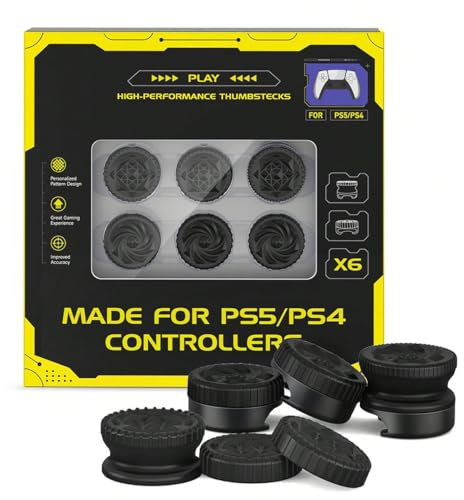 Performance Thumbstick Extender for PS5/PS4, New 3D Texture Rubber Silicone Grip Cover 6 Pcs Grip Stick Joystick Thumbstick for PlayStation 5 Controller & PS4 Controller (Black)