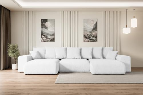 ALTDECOR Ecksofa mit Schlaffunktion und Bettkasten Corner Sofa Eckcouch Couch U-Form universal, Links/rechts angeordnet Schlafcouch Ausziehbar Wohnlandschaft Eskar-U -364x176x84cm Weiß