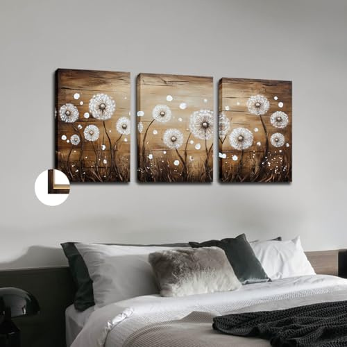Leinwandbild mit Löwenzahn-Motiv, 3 Paneele, Retro, Grün und Weiß, Pusteblumen-Motiv, Landschaft für Wohnzimmer, dekorativ, gerahmt, Kunstwerk, fertig zum Aufhängen, Badezimmer-Wanddekoration, 30,5 x