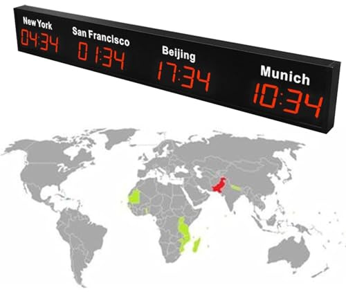 Large Digital LED World Clock, 3/4/5 Time Zone Wall Mounted City Time Zone World Clock, Hotel, Multinational Corporation,Red-4City