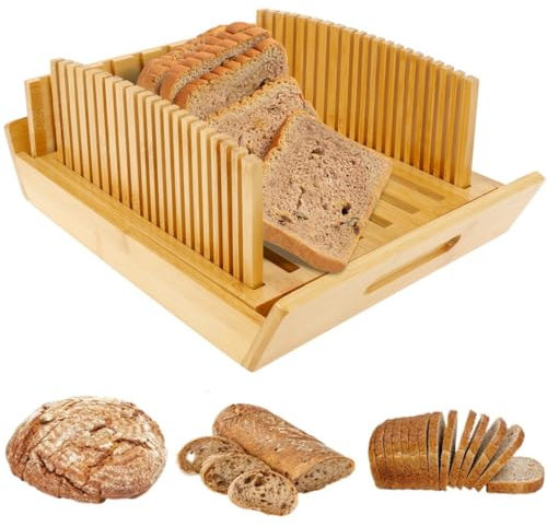 Trancheuse à pain en bambou pour pains faits maison et ronds au levain, guides de tranchage de pain réglables de capacité avec plateau miettes, compact et pliable pour bagels et pains