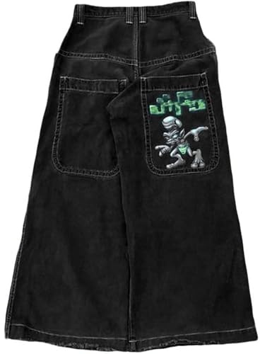 MILAX Mens Jeans for Men UK Baggy Wide-Leg Denim Embroidered Pants Casual Straight-Leg Trousers Hippie Heavy Duty Sweatpants with Pockets Black M