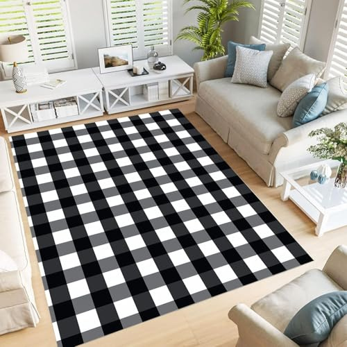 JEDTAKCT Waschbarer Country Buffalo Plaid Teppich Wohnzimmer 200X300Cm, Weicher Kurzflor Teppiche Mit Klassisch Geometrisch, Rutschfester Unterseite – Großer Teppich Für Schlafzimmer Schwarz Weiß