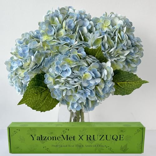 YalzoneMet 4Pcs Light Blue-Green Real Touch Hydrangea Artificial Flowers 21'' Faux Latex Hydrangea Flowers for Wedding Table Centerpieces Fake Flowers for Party Home Kitchen Living Room Decor