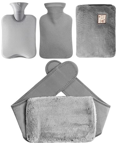GOMETY Wärmflaschengürtel 1L, Wärmflasche mit Bezug Weichem Flauschig 4-teiliges Set Perioden Wärmegürtel Natürliches Gummi Auslaufsicher Wärmeflasche Wärmegürtel Perioden Rücken für Erwachsene Kinder