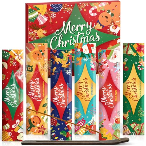 Scent-Hi Bâtonts d'Encens, Coffret Cadeau de Noël, 120 Bâtons d'Encens avec Support, Assortiments de Nombreux Parfums, Jasmin et Bois de Santal, Pêche et Pomme, Citrouille épicée...