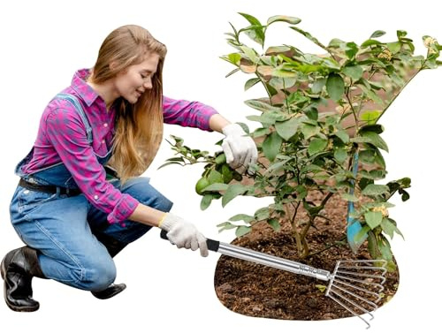 ROLKAR Rastrillos de paisaje para césped, hojas de hojas, cultivador de mano pequeño, herramienta de almeja para limpiar escombros, malezas, hierba, aguja de pino para quitar en el patio, macizos de