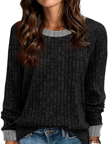 Sukiglam Jersey Mujer Colorblock Punto Suéter Casual Manga Larga Cuello Redondo Otoño Invierno Elegante Vintage Pulóver Oversize Sudadera Rayas Camiseta Holgada Ligero Top Túnica Moda Y2K T-Shirt