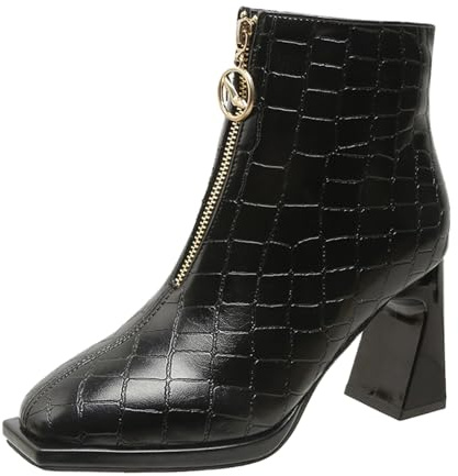 TDEOK Damklänning, skor, blockklack, mode, stövletter, halkskydd, fotled, stövlar, vinterstövlar, slip-stövlar, snygga läderstövlar med dragkedja, eleganta damstövlar, svart, 37 EU