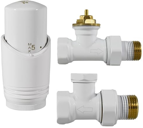 Hanz Kit-T12S-WE2 Heizkörper Ventil Durchgang SATZ 1/2 Weiß – Thermostatventil Set mit Thermostatkopf