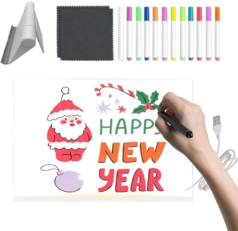 Tavoletta da disegno a LED, in acrilico trasparente, con penne a 12 colori e supporto pieghevole cancellabile a secco, lavagna luminosa a LED, per giovani, ragazze, ragazzi, compleanni, disegni, aule