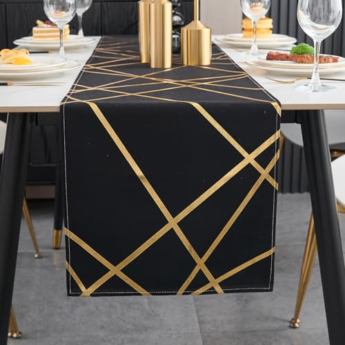 Brylleii Tischläufer Modern Schwarz Glänzend Gold Geometrie 33 cm Breit Tischdeko Tischband 180 Lang Abwaschbar Landhausstil Vintage Tischdecke Dekoratives für Couchtisch Esstisch Küche Hochzeit