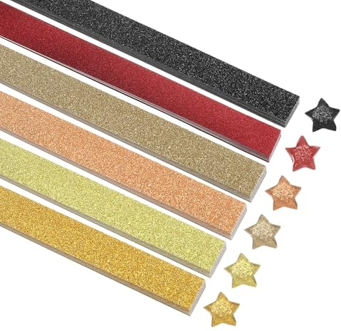 sourcing map 200 Sheets Origami Paper Glitter Stars Papers Gold,Red,Orange,Black Fold Paper for Beginner Arts Crafts Projects,0.4 x 8.7 Inch