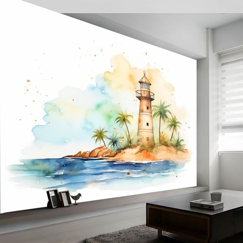 Generico Carta da parati fotografica Acquerello, Isole Fari Motivo Poster Murales - 400 x 280 cm 3D Effetto Panorama Carta Da Parati Decorazione per Soggiorno Camera Letto Sala Ufficio