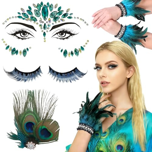 YeahBoom Pfau Kostüm Damen,Pfauenfeder Haarspangen,mit Wimpern Pfau und Pfau Haarschmuck,Feder Manschetten Hand,Pfau Kostüm Accessoires,Für Karneval Fasching Halloween Mottoparty Cosplay