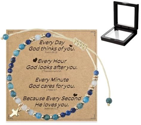 XFSRG Bracciale Artigianale con Perline Pietre Naturali e Ciondolo Croce Vintage Bracciale Regolabile da Donna Stile Boho Idea Regalo per Quotidiano e Festival (Blu)