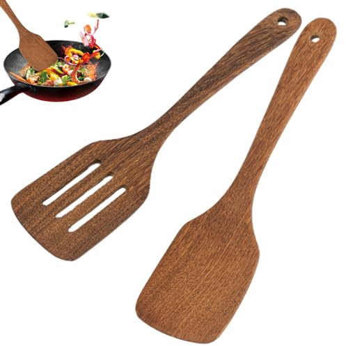 Wooden Spatula, Pack of 2 Wood Solid Turner Kitchen Wooden Slotted Spatulas for Cooking, Heat Resista-nt Cooking Utensils Set, Kitchen Tools, Wood Spatulas for Baking Non Stick Cookware