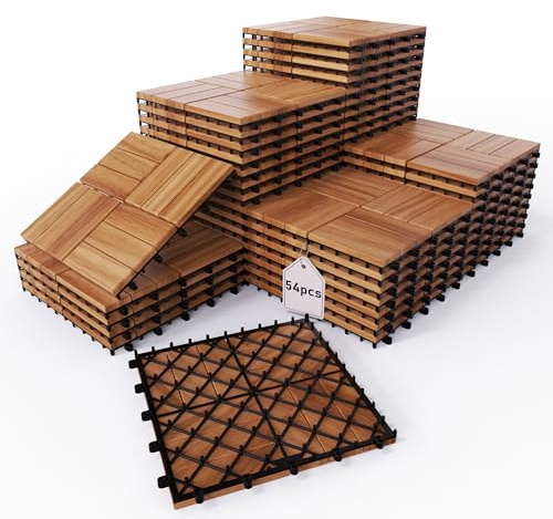 XINONE Solid Gold Acacia Wood Interlocking Deck Tiles - Waterproof Snap Together Patio Flooring for All Weather Use on Balcony, Backyard & Poolside (Easy DIY Install, Indoor/Outdoor) (54)