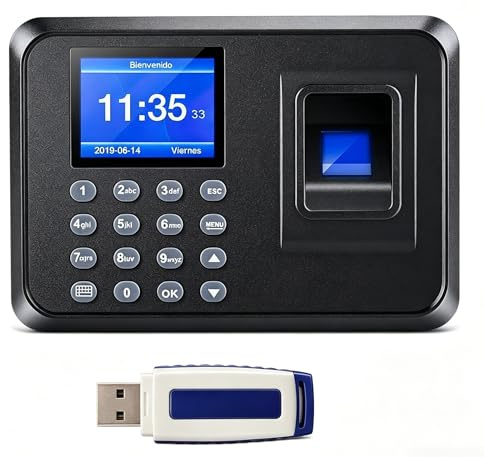 Control Horario para Pequeñas Empresas – Máquina de Fichar Biométrica con Huella Digital, Capacidad 1000 Huellas, Sin Internet, Memoria USB – Reloj de Asistencia para Empleados