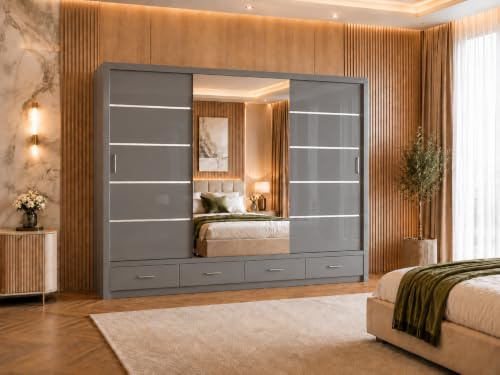 Distro Direct Furniture (DDF) Flavia Sliding Wardrobe for Bedroom, High Gloss Finish, with Mirror and Bottom Drawers | 3 Sizes & 3 Colors (Grey, 250cm)