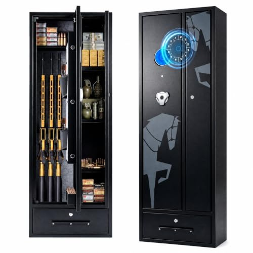 LIFEZEAL Armero para 4 Rifles con Cerradura Digital y Alarma | Caja Fuerte para Armas Largas con Portafusiles, 2 Fundas para Pistolas, Portamunición, Armario y Cajón Bloqueables para Hogar