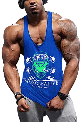 Herr Gym Bodybuilding Linne Stringer Vest Kondition Träna Sportkläder Bomull Blå XL