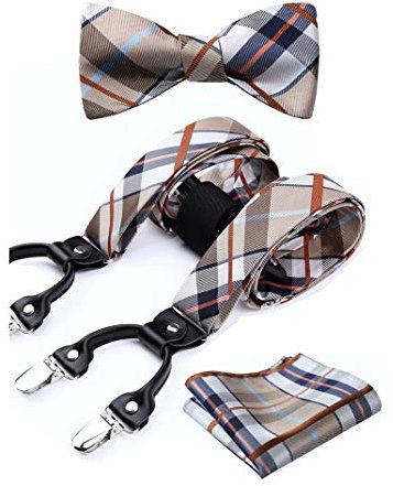 HISDERN Hosenträger Herren und Fliege Set, Y-förmige verstellbare Hosenträger mit 6 starken Clips und Fliege Set