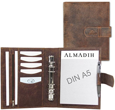 ALMADIH A5 Leder Terminplaner mit Ringmechanik + A5 Schreibblock aus Premium Rindsleder braun Vintage – Ledermappe Mappe Schreibmappe Organizer Terminkalender Planer Ringbuchmappe Aktenmappe