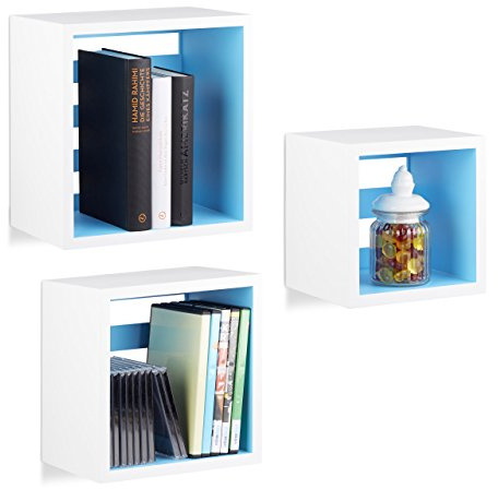 Relaxdays Hängeregale Cube, Wandregal 3er Set, quadratische Würfel Regale für Wand, schwebende Regale, MDF, weiß/blau