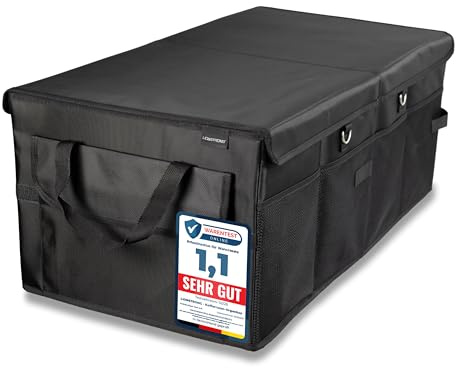 LIONSTRONG® Boîte Organisateur de Coffre, Boîte de rangement pliable et antidérapante avec poignées et compartiments pour citadines, berlines, SUV – Pour courses, outils et voyages, solide et compacte