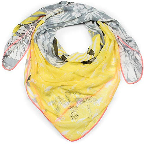styleBREAKER Damen XXL Dreieckstuch mit Flamingo, Blumen, Palmen und Papageien Aufdruck und Strass Applikation, Schal, Tuch 01016179