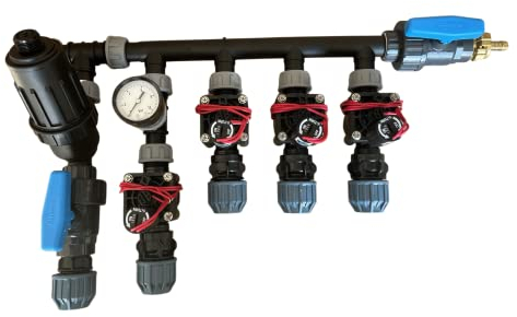 Elysee Verteiler für Bewässerung, 4 Magnetventile Hunter PGV, 14 Ports, PVC und Edelstahl, Kugelventil, 1IG und Kompression, 10 Bar, Bewässerungsventil