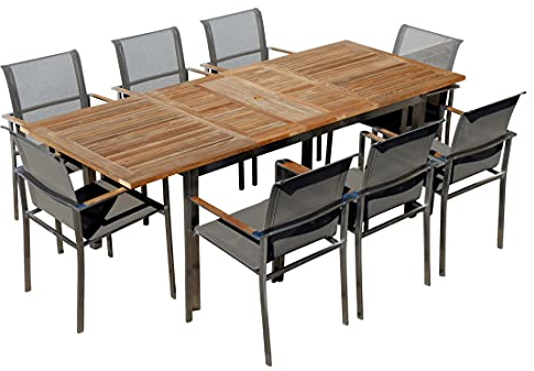 ASS ALEOS. Gartengarnitur Edelstahl Batyline A-Grade Teak Holz Set Ausziehtisch 160-220 x 90 cm + 8 Sessel mit Batyline Bespannung Serie Kuba-BRAUN Gastroqualität
