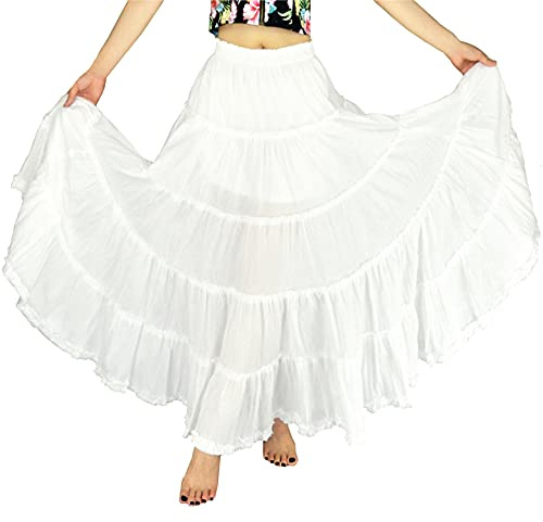 YSJERA Women's Cotton 5 Tiered A Line Pleated Maxi Skirt Long Boho Gypsy Dance Skirts (One Size,Solid White)