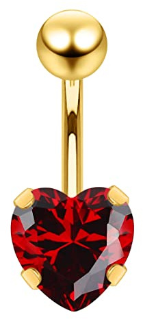 AZARIO LONDON Red Heart CZ Stone Gold Anodized 14 Gauge 316L Surgical Steel Belly Bar Piercing Jewellery