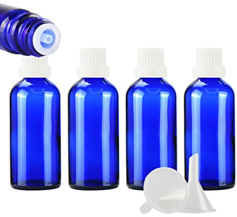ZEOABSY 4 Stück Leer 100ml Braunglas Flasche mit Tropfmontur Originalitätsverschluss, Tropfflasche Blau mit Weiß Schraubverschluss Glasflaschen für Ätherisches Öle Essenzen Aromatherapie