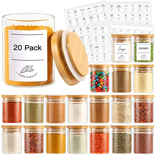 Betrome 120 ml Glass Spice Jars with Bamboo Lids, 20 Pack 4 oz Clear Food Storage Containers with Wooden Airtight Lids, Glass Terrarium with Lid for Pantry Kitchen Sugar Salt Coffee Tea Beans.