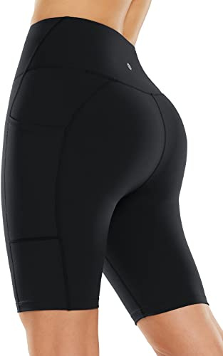 baleaf Women's Light Compression Biker Shorts 8 High Waisted Yoga Gym Spandex Shorts Side Pockets Black M