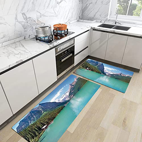 2stk Küchenteppich Waschbar rutschfest Küchenmatte,Lake Decor, Berg und Lake Louise Panorama im Banff Nationalpark Alberta Kanada, Türkis,Küchenläufer Fußmatte Teppich Läufer Badematten 45x70+45x120cm