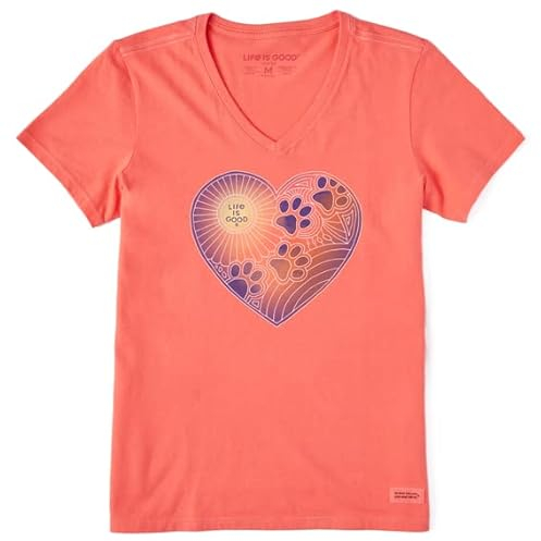 Life is Good Pawprints Heart Crusher Vee T-shirt à manches courtes pour femme, Orange mangue, Taille XS