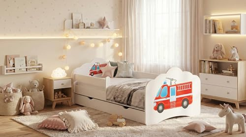 Happy Babies MOBI - Kinderbett 160 x 80 | Kinderbett mit Rausfallschutz & Bettkasten | Jugendbett mit farbigem Aufkleber | Bett mit Matratze 80x160 | Kinder-Bett für Mädchen & Jungen WIESS (M16)